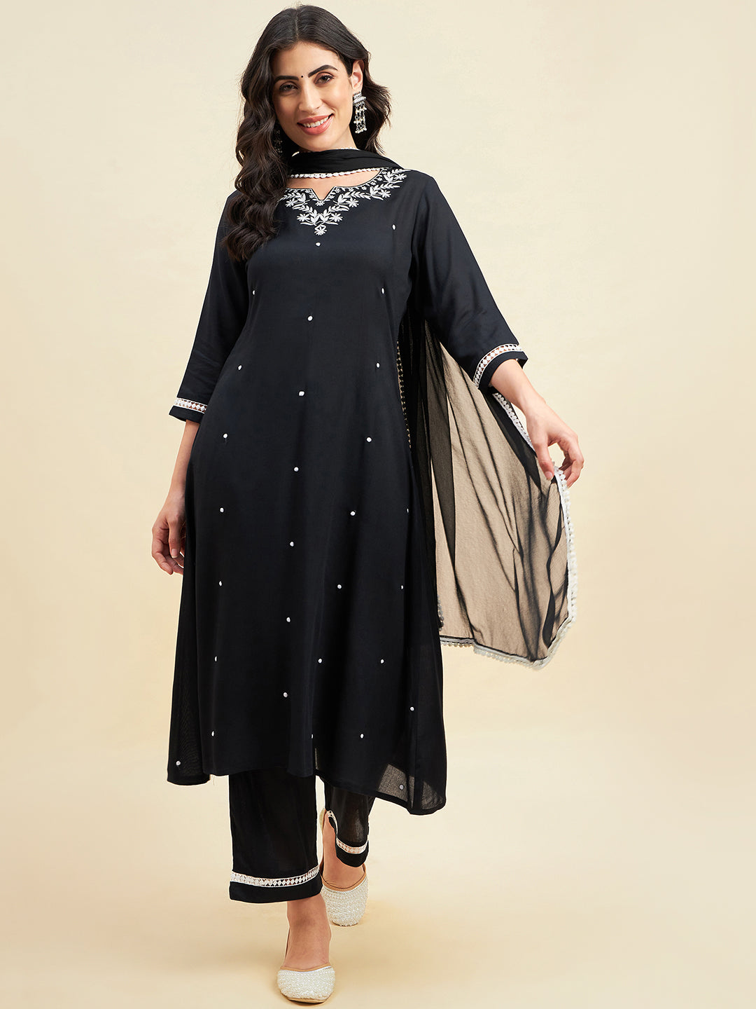 Women's Black Rayon Straight Calf Length Kurta With Palazzo Dupattaset - Azira