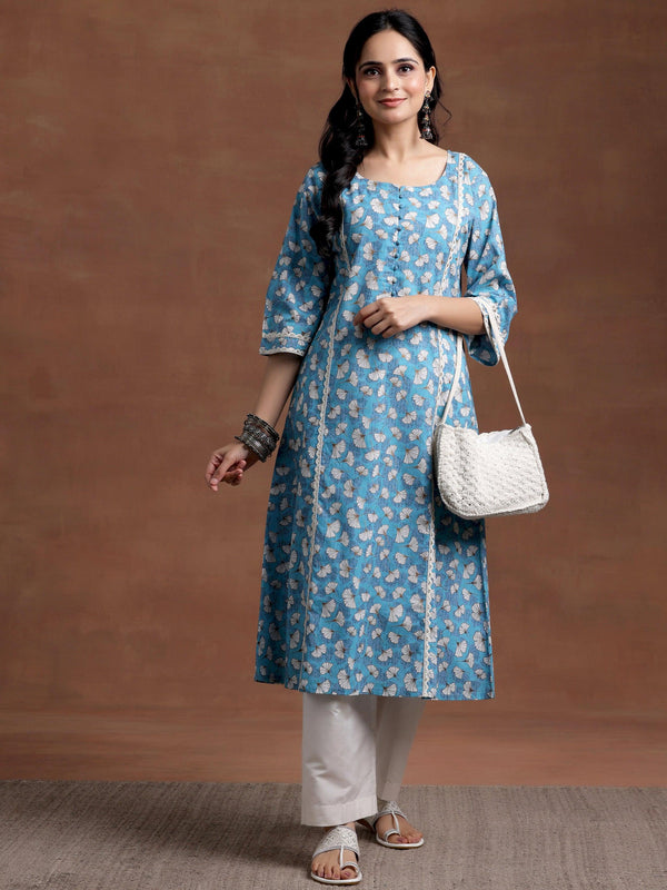 Blue Printed Cotton A-Line Kurta - Jashvi