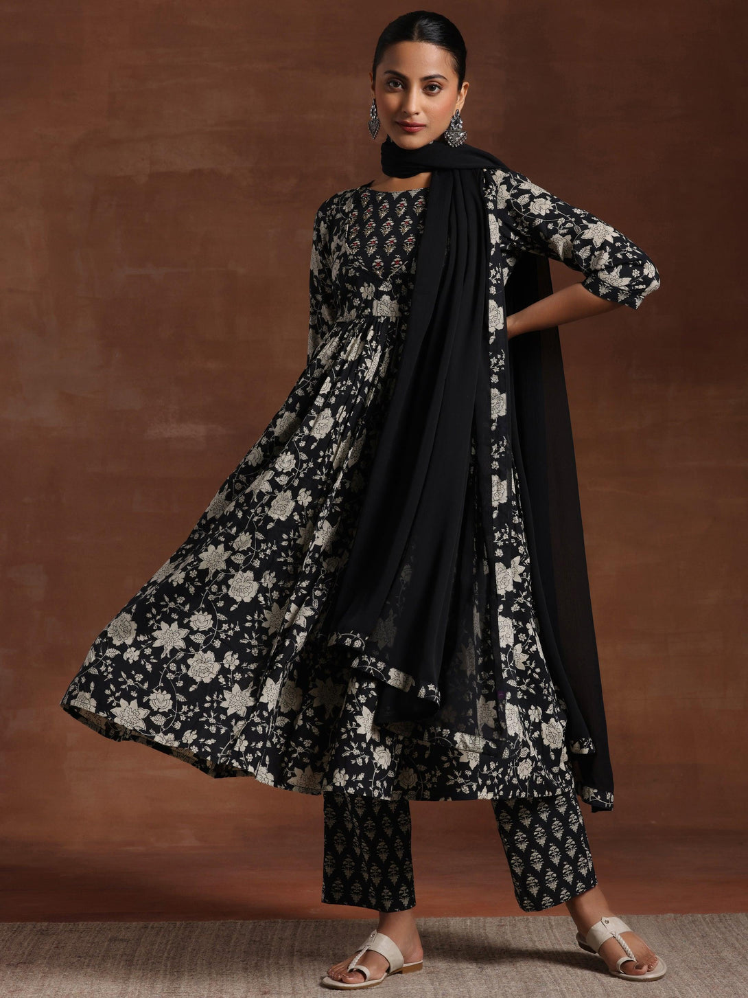 Black Printed Pure Cotton Anarkali Suit With Dupatta - Jashvi