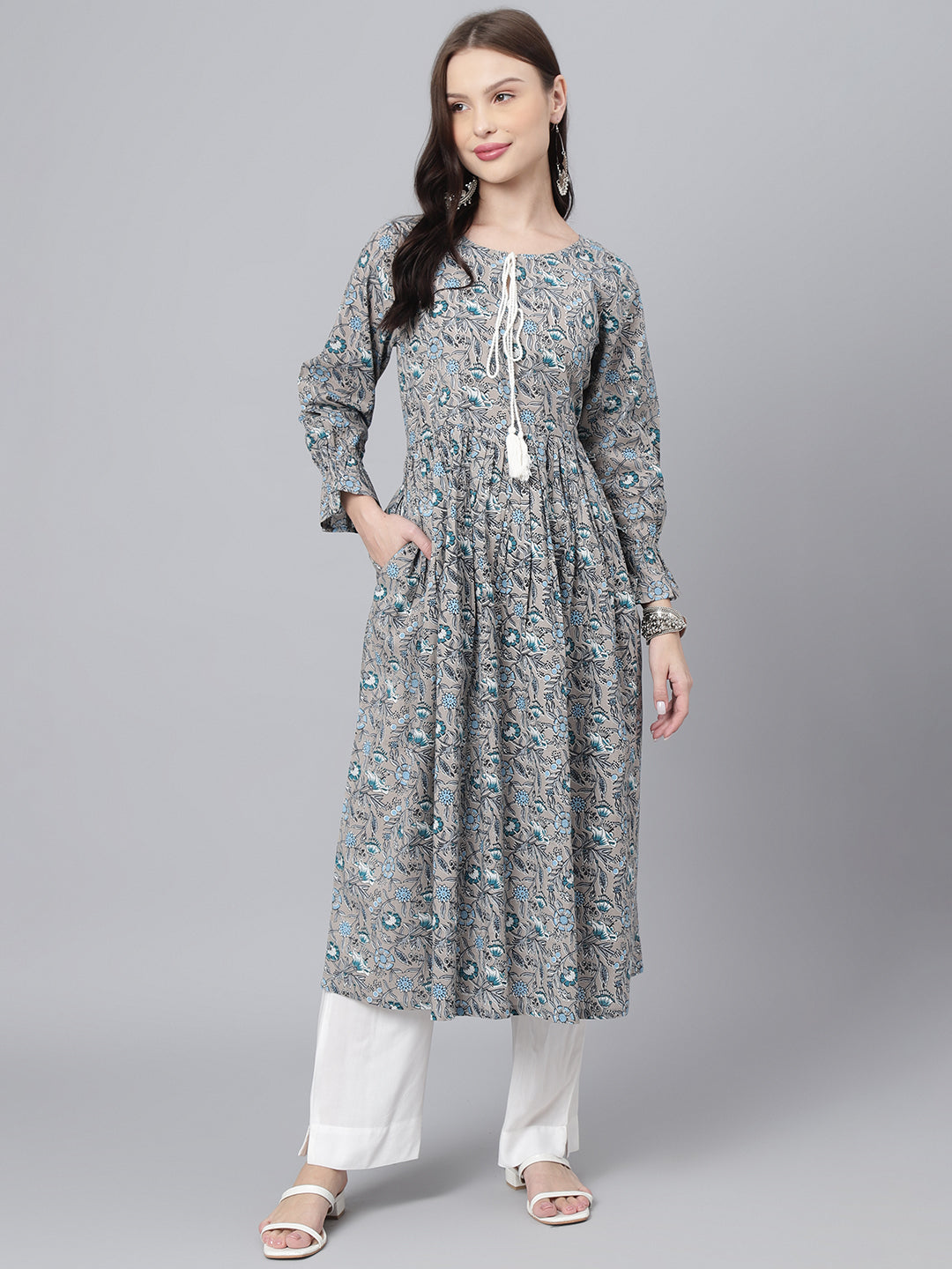 Women's Grey & Blue Floral Printed Cotton Tie-Up Neck A-Line Midi Kurta - DECKEDUP