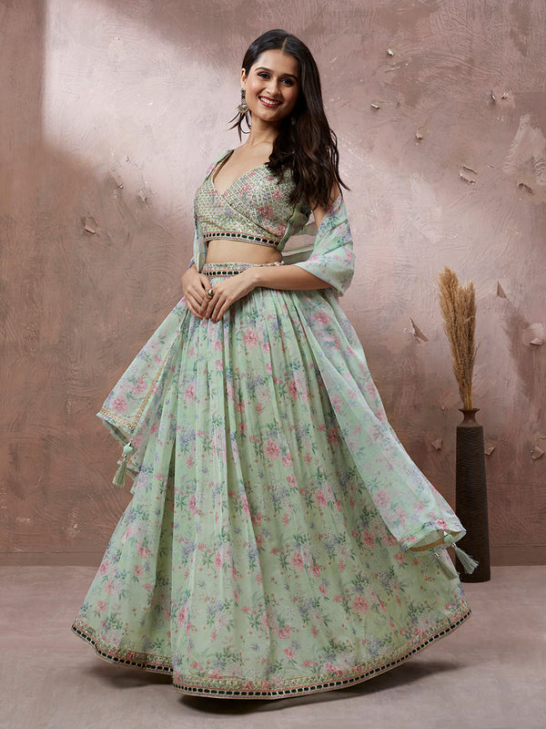 Women's Lime Green Organza Floral Printed Semi-Stitched Lehenga Choli & Dupatta - Royal Dwells