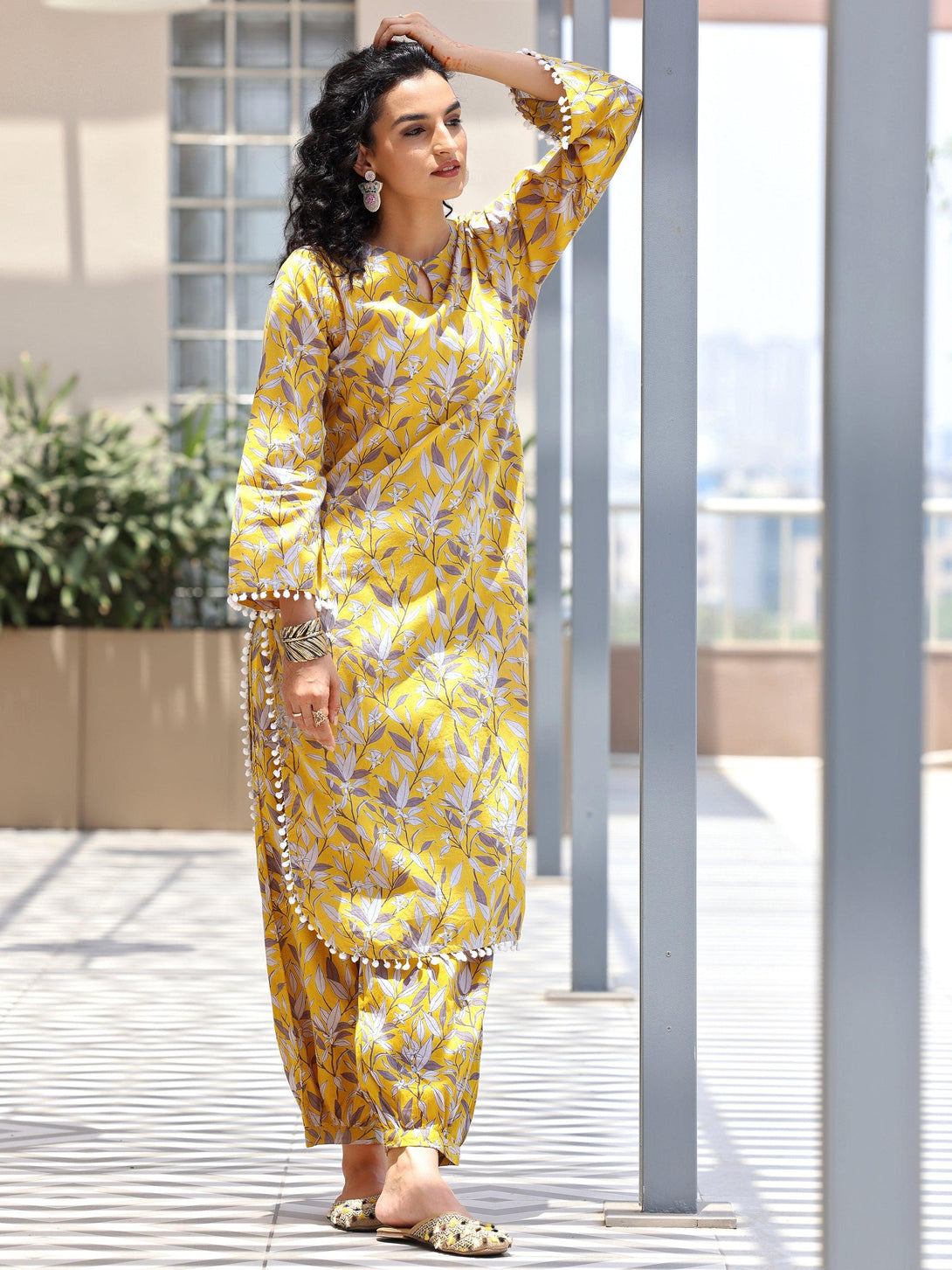 Mustard Printed Cotton Pathani Kurta Set - Jashvi