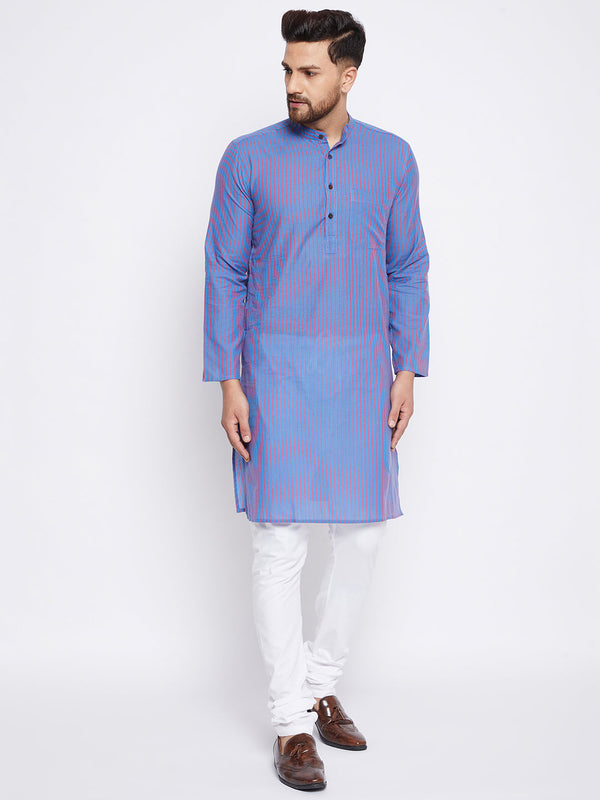 Men's Pure Cotton Striped Blue Kurta - Even Apparels