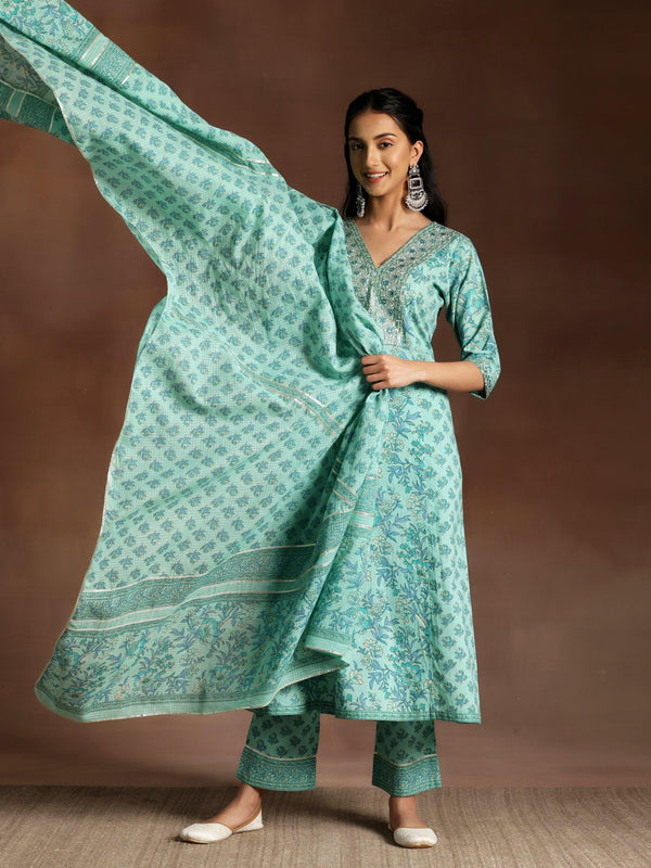 Turquoise Printed Cotton A-Line Kurta With Palazzos & Dupatta - Jashvi