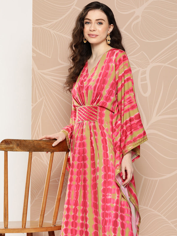 Pink Printed Gotta Patti Belted Detail Kaftan Kurta