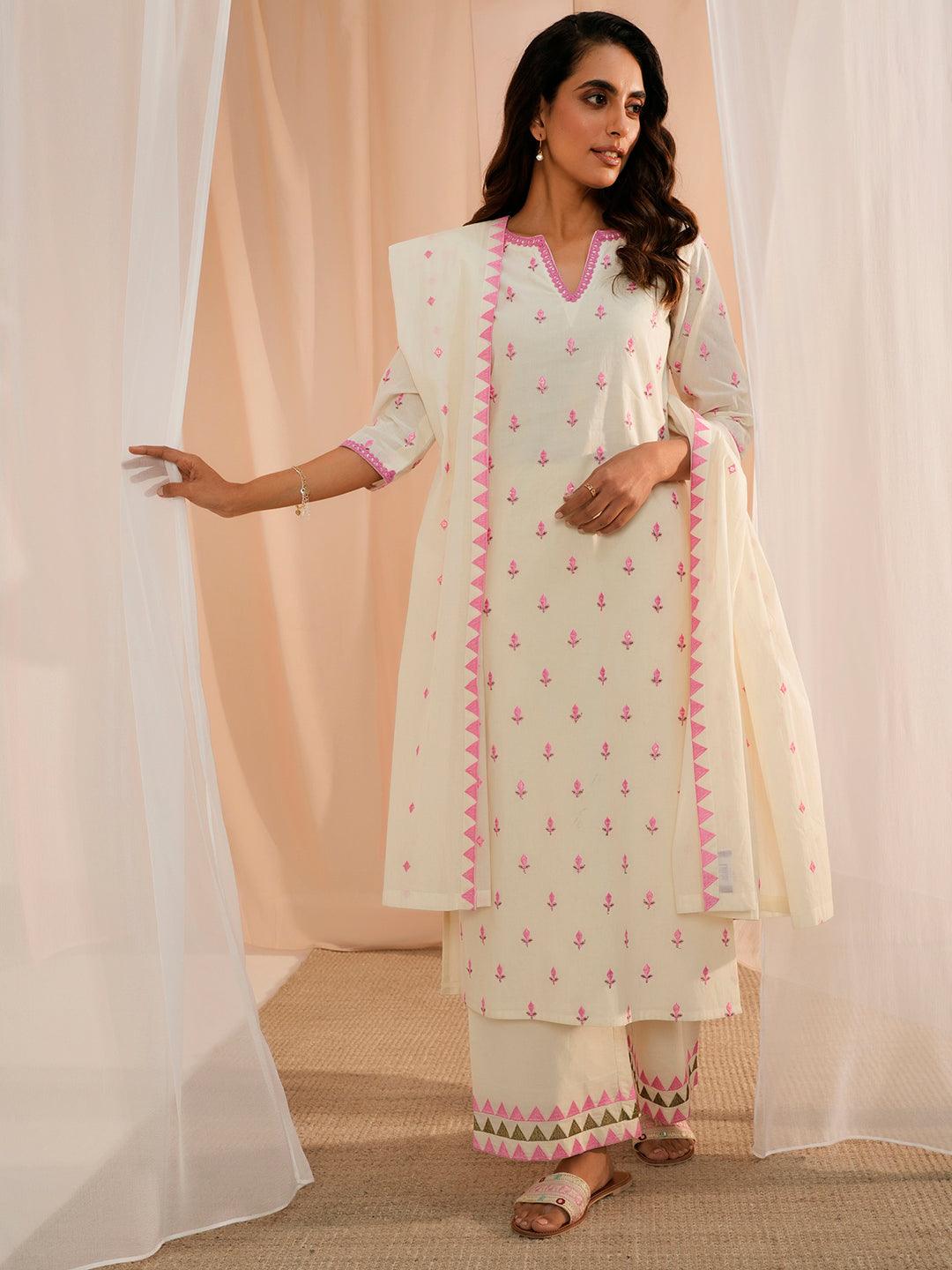 Off White Embroidered Cotton Straight Suit With Dupatta - Jashvi