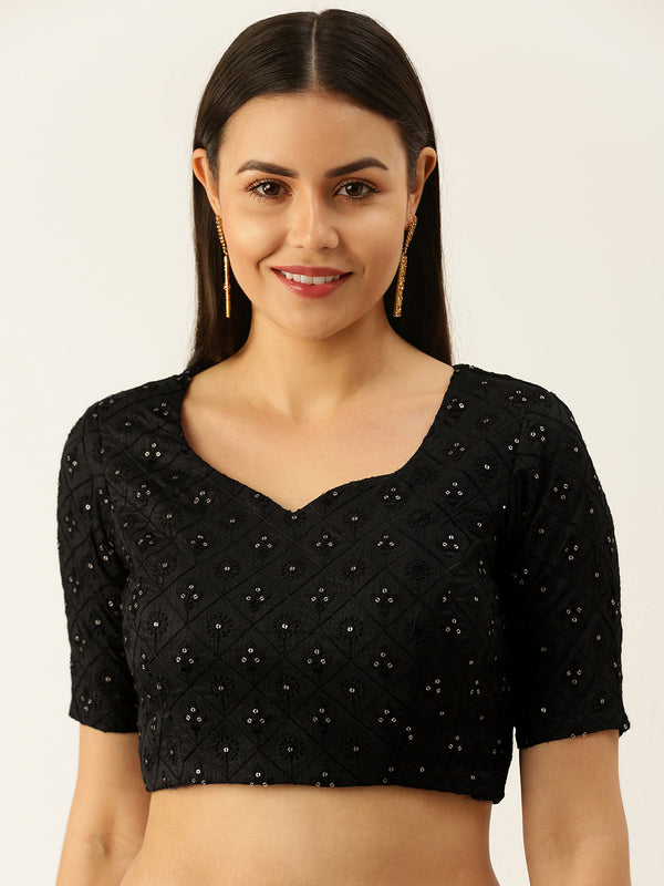 Women's Black Thread Work Georgette Blouse - Royal Dwells