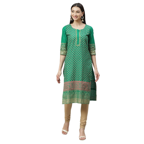 Women's Green Cotton Printed 3/4 Sleeve Round Neck Casual Kurta Only - Myshka