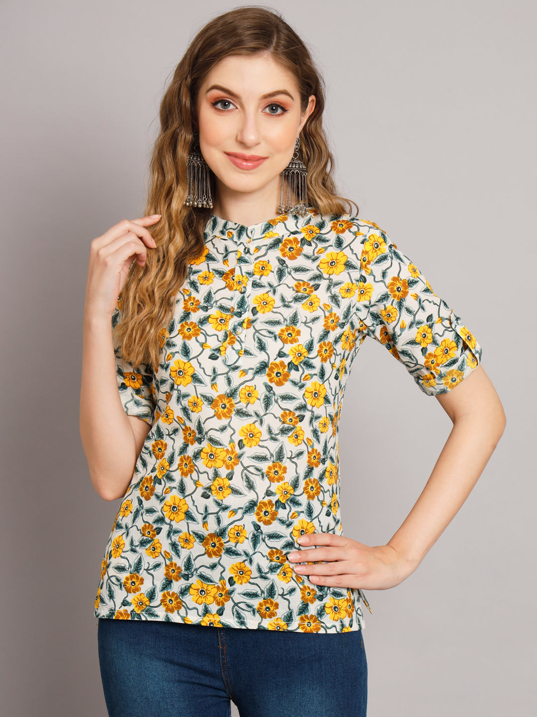 Women's Floral Mandarin Collar Pure Cotton Tunic Top - Deckedup