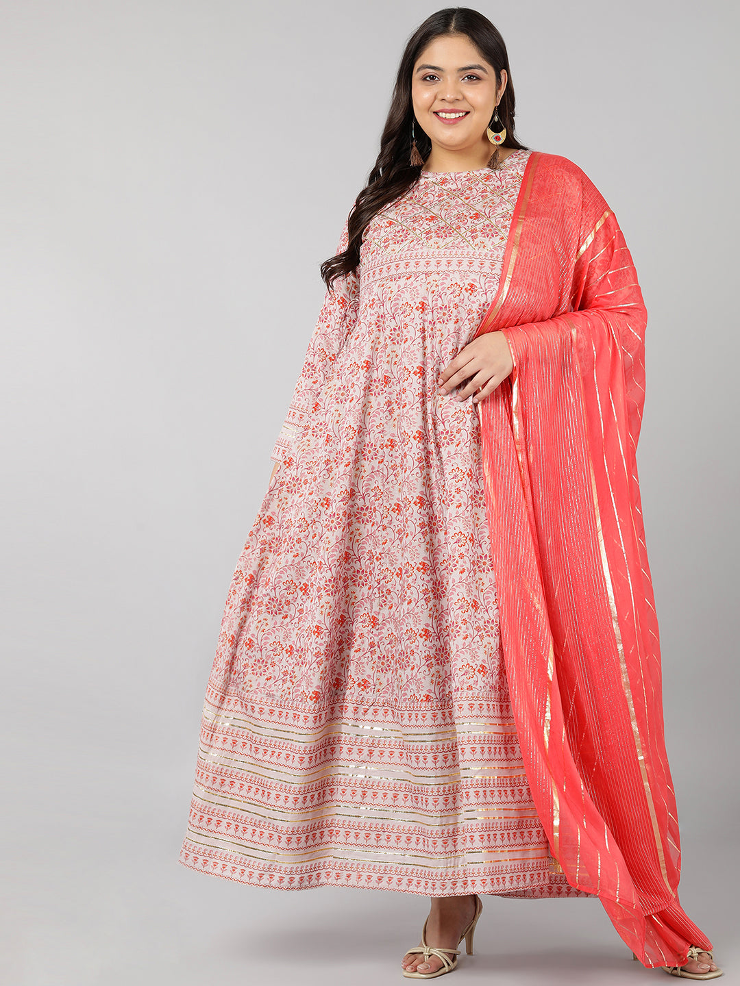 Women's Cotton Printed Regular Kurta Set (Peach) - Kipek