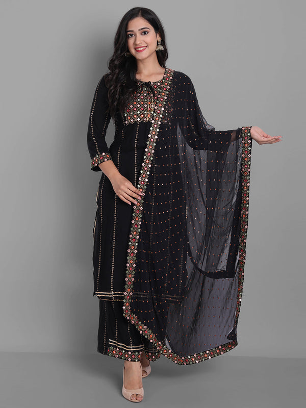 Women's Embroidred Kurta Pant And Dupatta Set (Black) - Noz2Toz