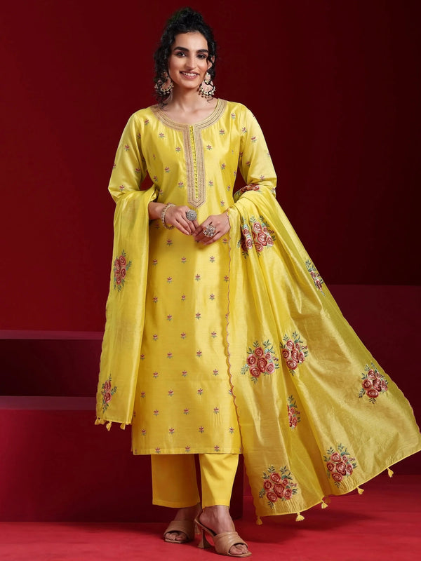 Jashvi Art Yellow Embroidered Chanderi Silk Straight Suit With Dupatta