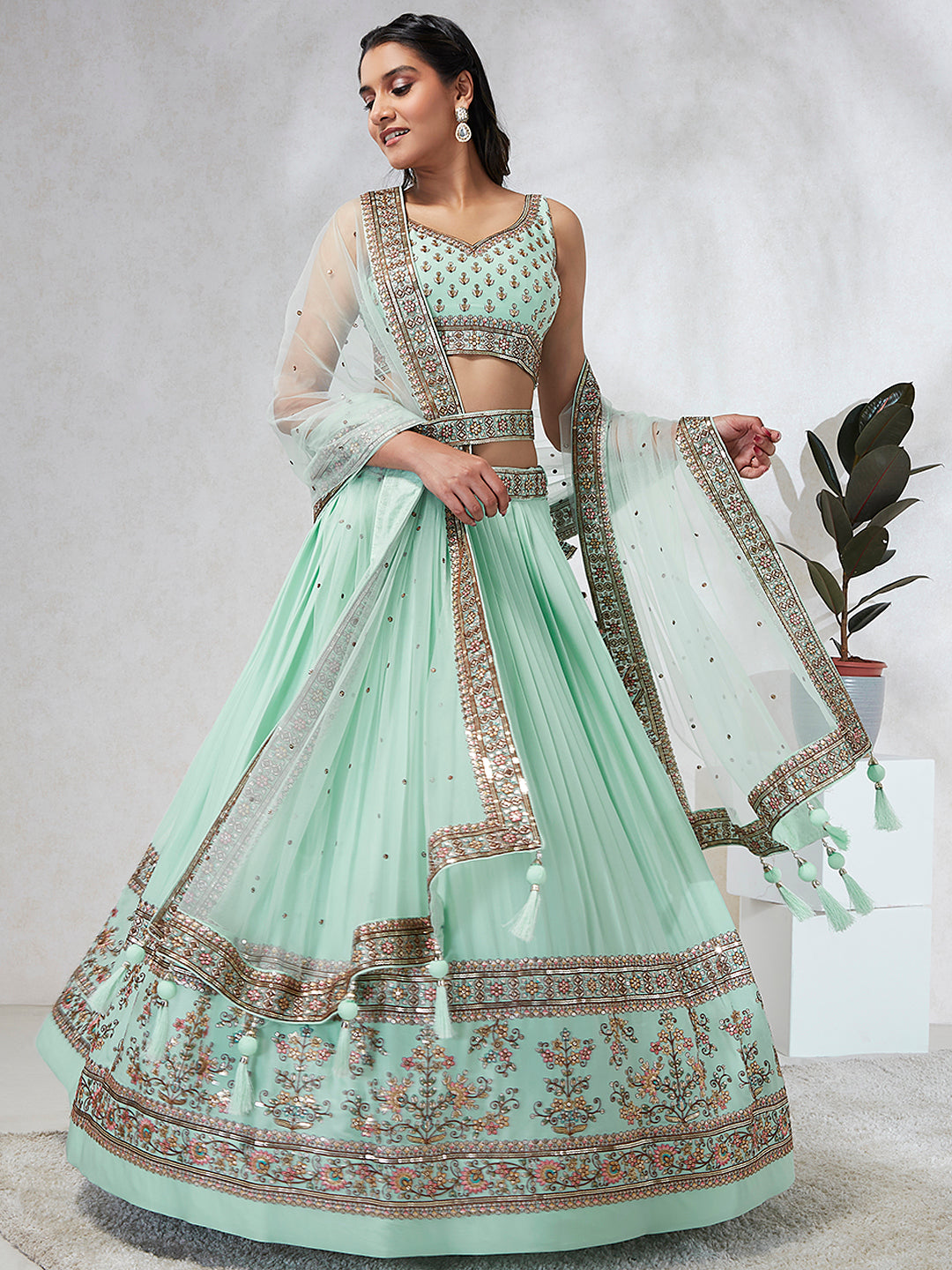 Women's Green Pure Georgette Sequins And Thread Embroidery  Lehenga Choli & Dupatta - Royal Dwells