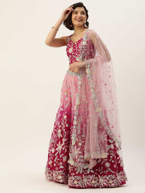 Women's Rose - Shaded Net Sequins Embroidered Stitched Lehenga - Royal Dwells