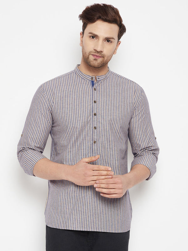 Men's Grey Color Short Kurta with Band Collar - Even Apparels