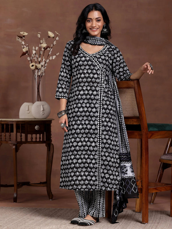 Black Printed Cotton Straight Suit With Dupatta