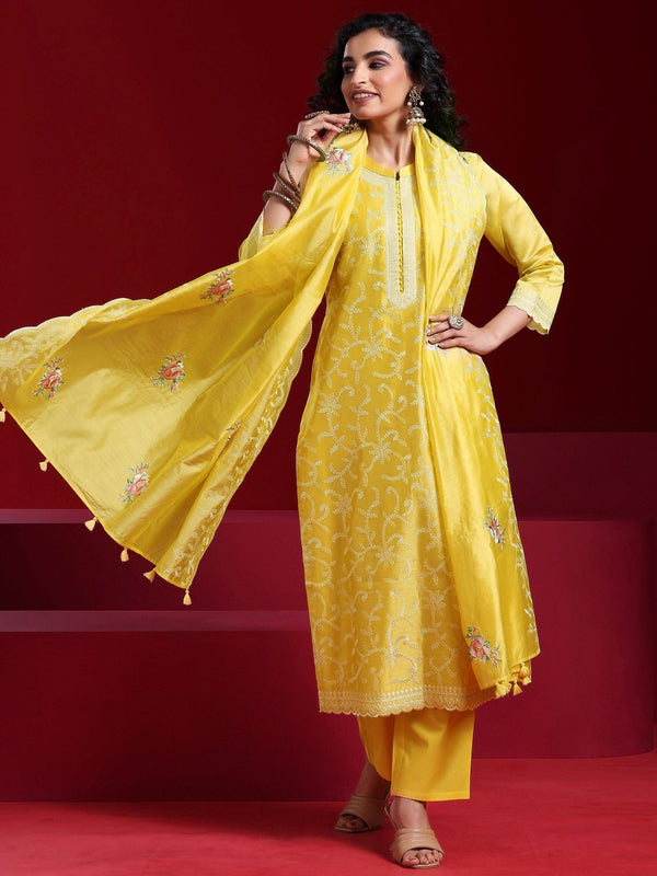 Jashvi Art Yellow Embroidered Chanderi Silk Straight Suit With Dupatta