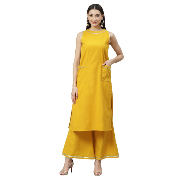 Women's Mustrd Cotton Solid Sleeveless Round Neck Casual Kurta Palazzo Set - Myshka