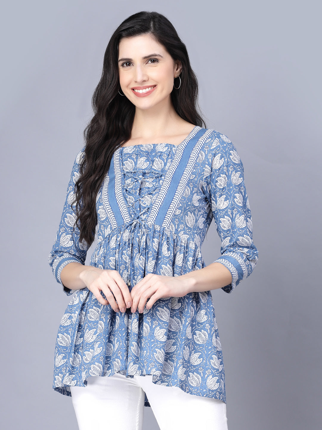 Women's Cotton Printed 3/4 Sleeve Square Neck Blue  Women Top - Myshka