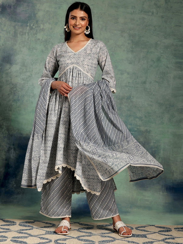 Grey Printed Cotton A-Line Kurta With Palazzos & Dupatta - Jashvi