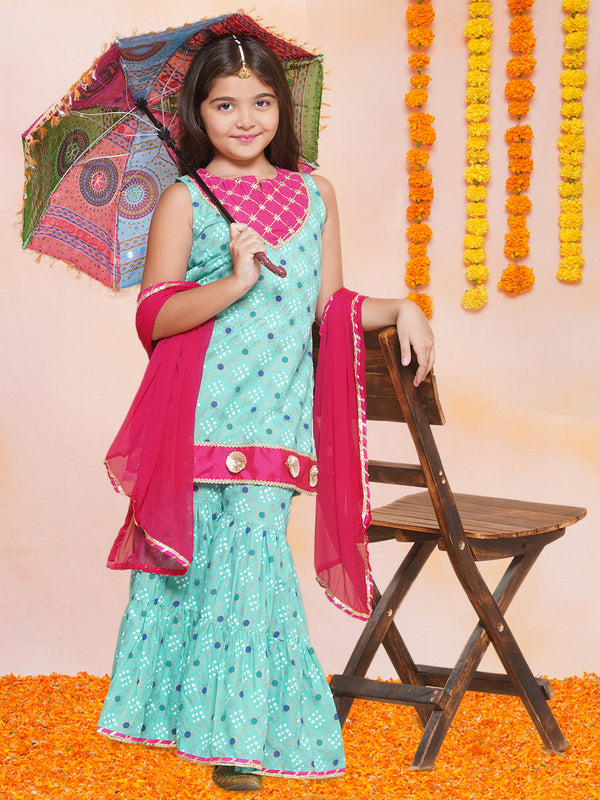 Jashvi Girls Sea Green Gold Printed Kurta & Sharara With Dupatta