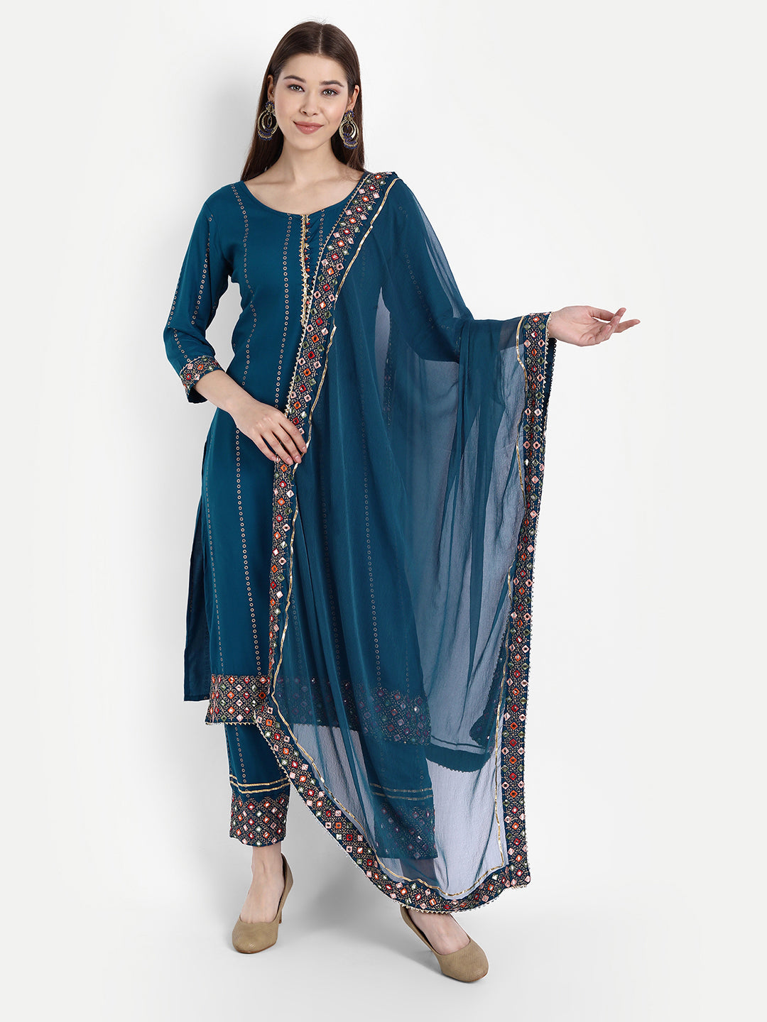 Women's Blue Rayon Kurta Pant And Dupatta Set - Noz2Toz