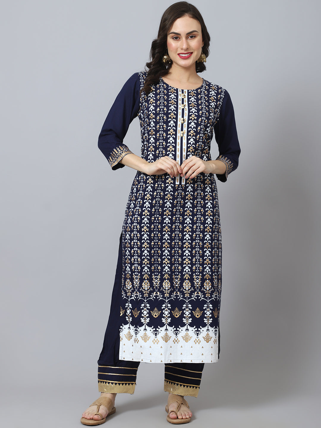 Women's  Navy Blue & White Printed Kurta With Palazzos - Noz2Toz