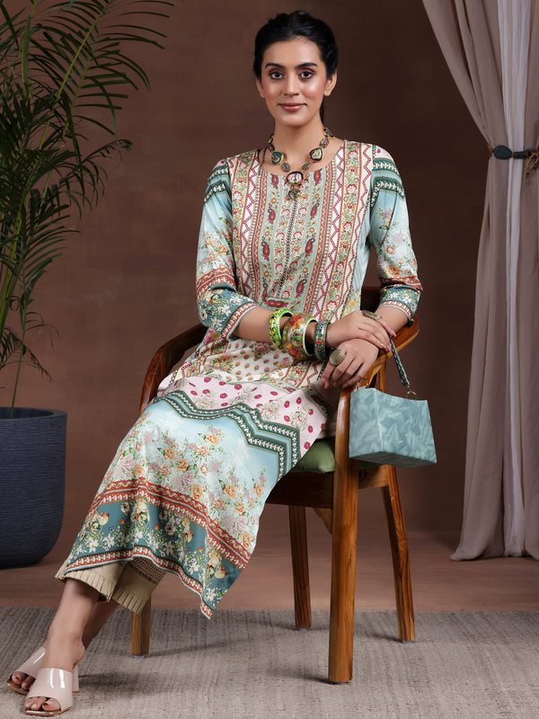 Sea Green Printed Crepe Straight Kurta