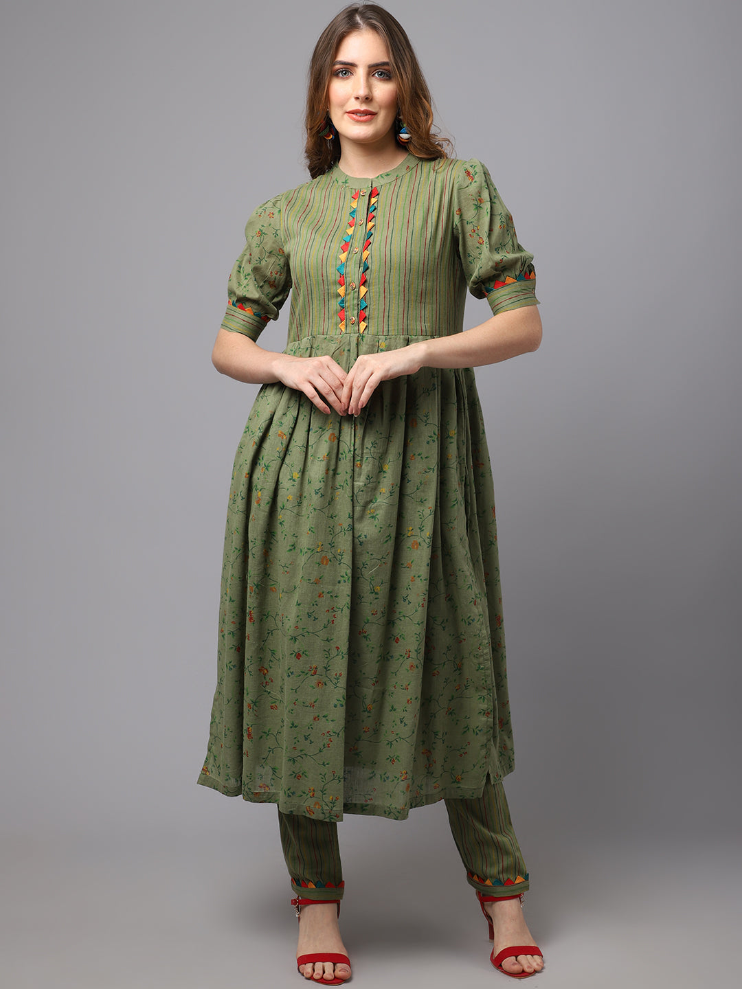 Women's Olive Green Flower Print And Strip Kurta Set - Noz2Toz