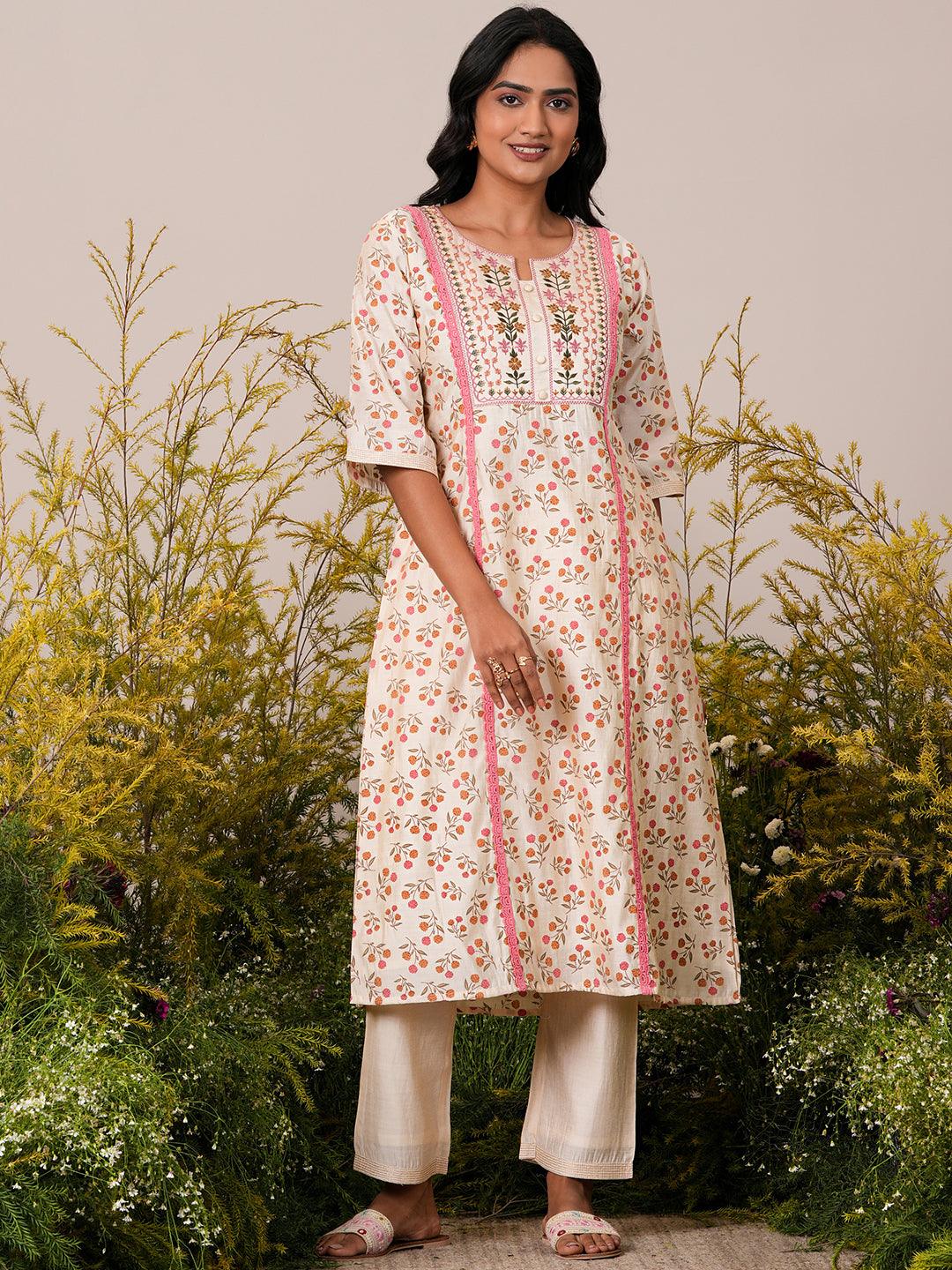 Beige Printed Chanderi Silk A-Line Kurta With Palazzos - Jashvi