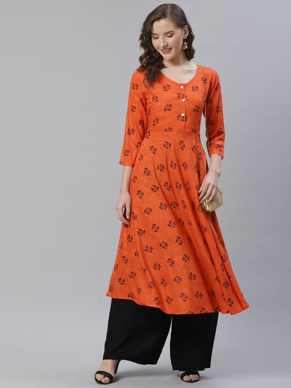 Jashvi Women Orange & Black Floral Printed A-Line Kurta