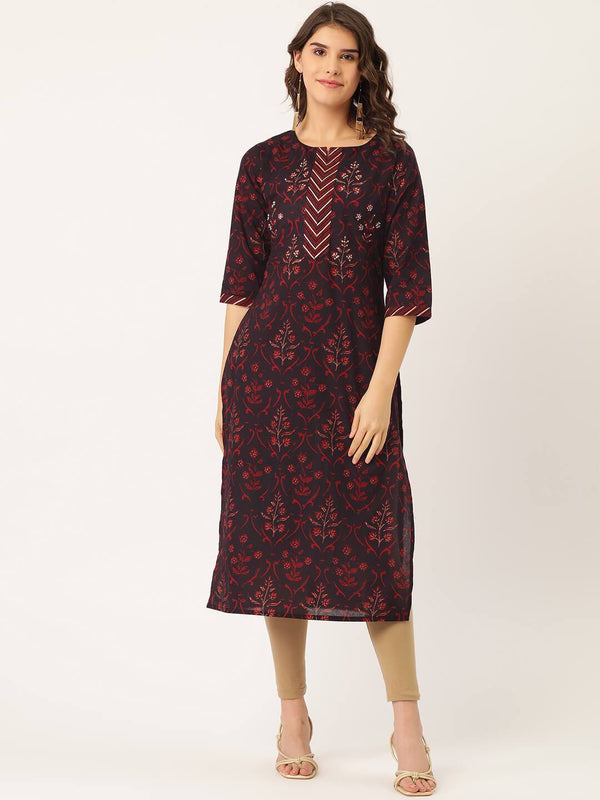 Women's Cotton Printed with Adda mirror work & Gotta detailing Kurta - Maaesa