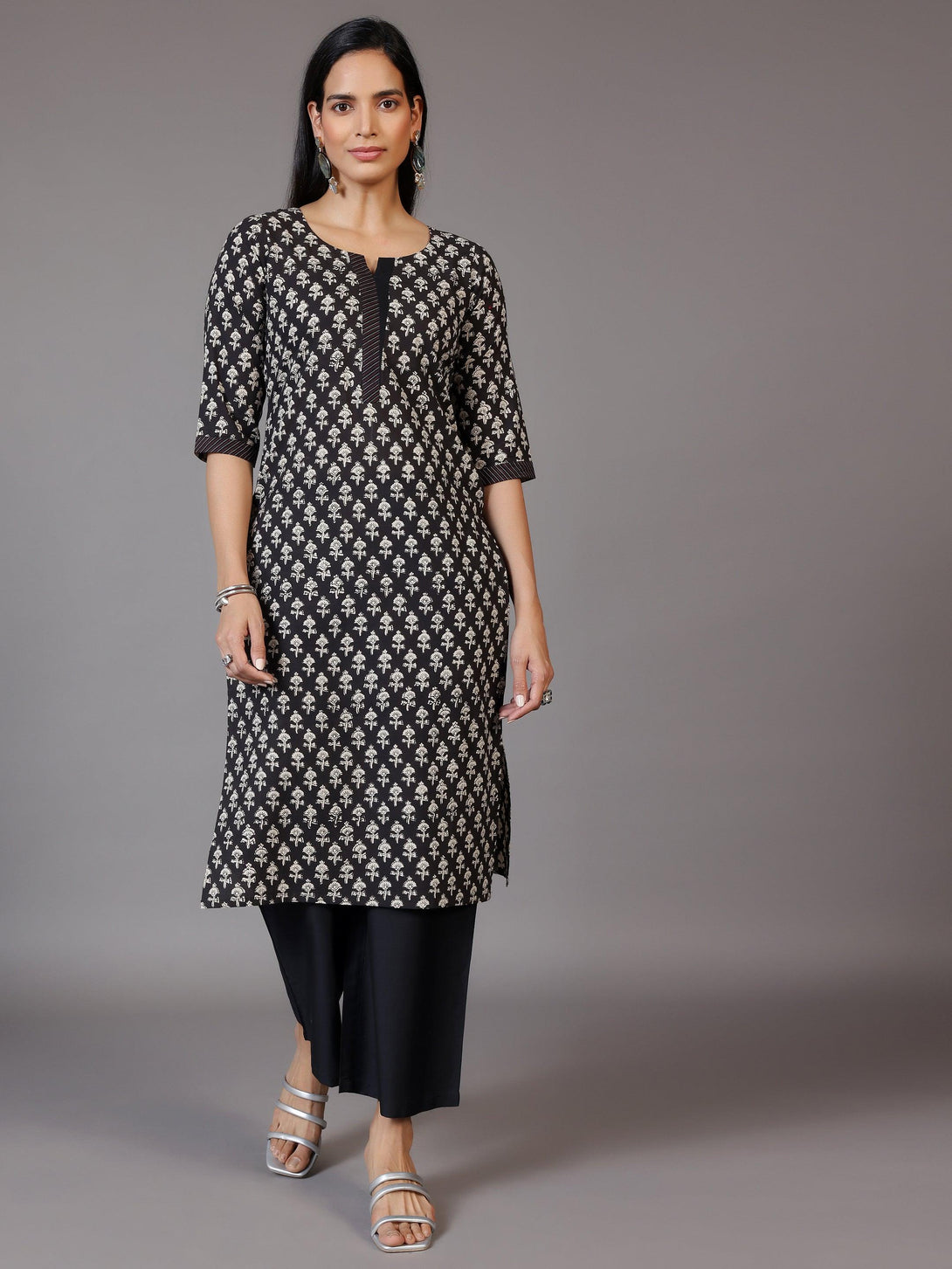 Black Printed Cotton Straight Kurta - Jashvi