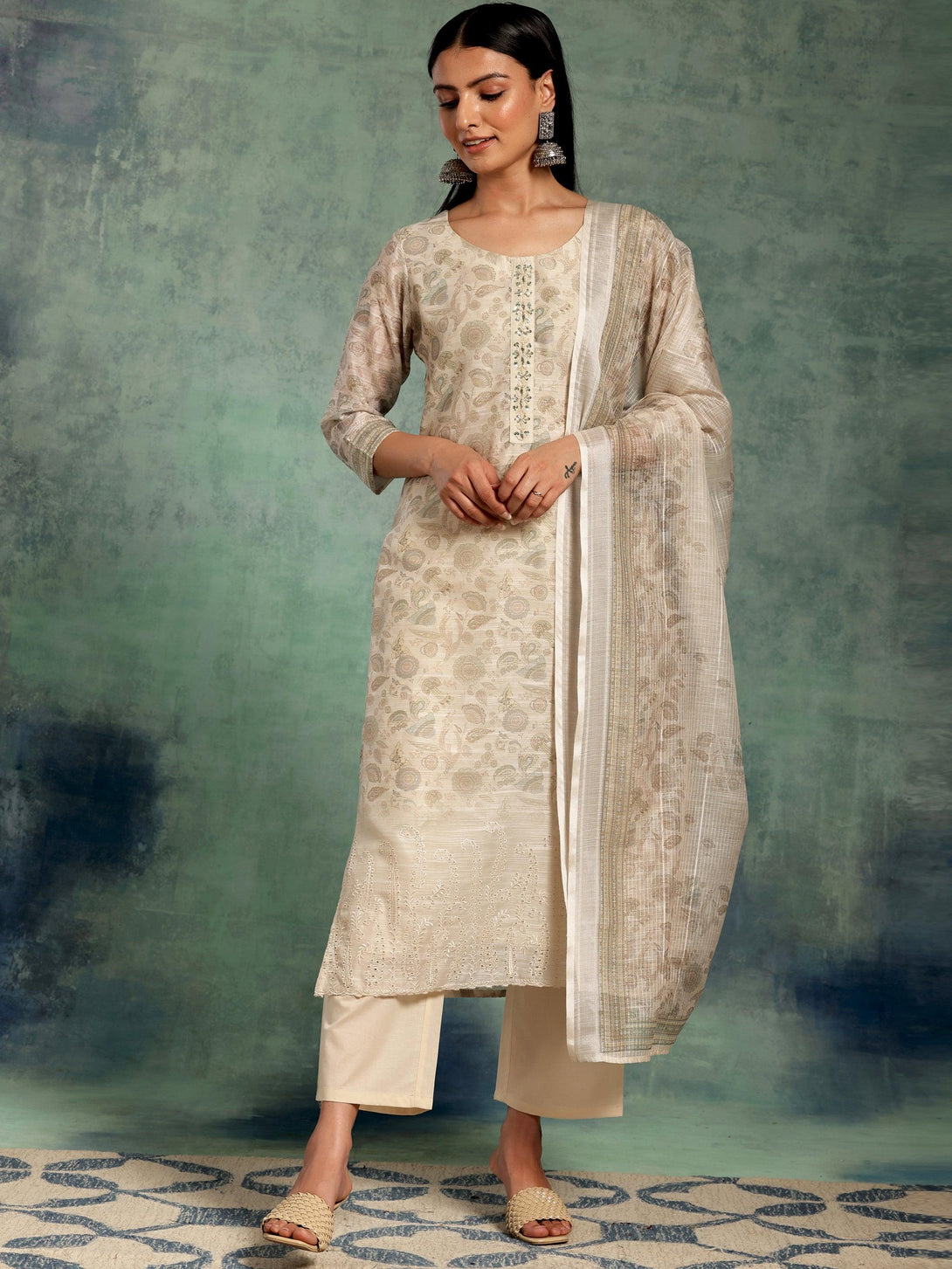 Beige Printed Chanderi Silk Straight Suit With Dupatta - Jashvi