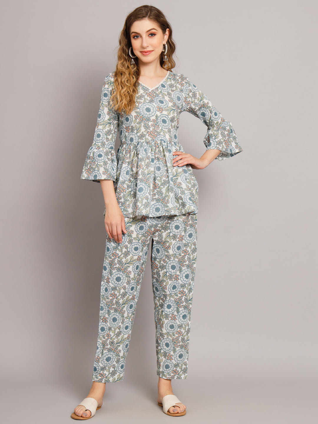 Women's Cream Cotton Print Co-Ord Set - Deckedup