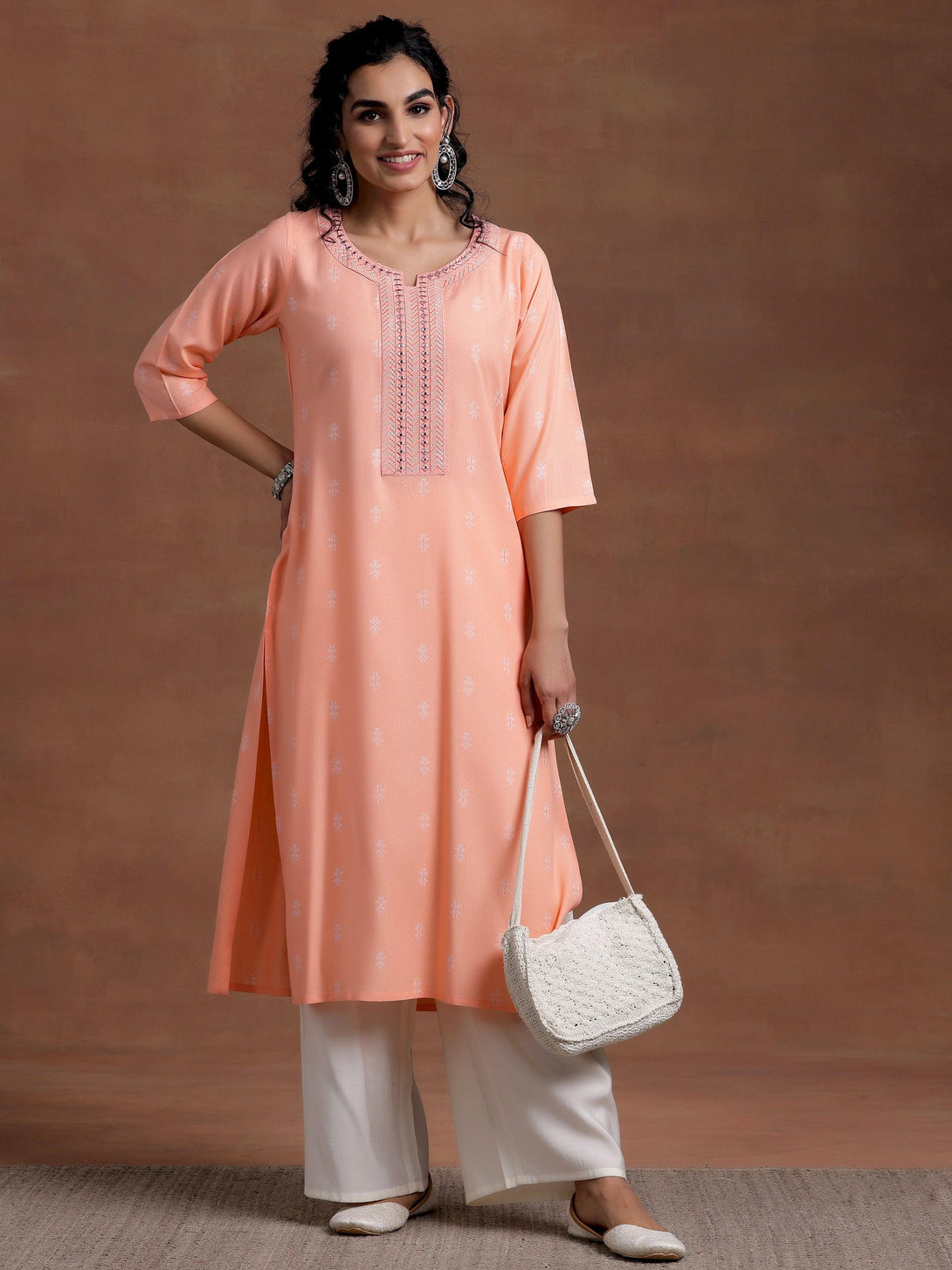 Peach Woven Design Cotton Straight Kurta - Jashvi