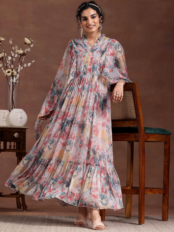 Multicoloured Printed Chiffon A-Line Dress