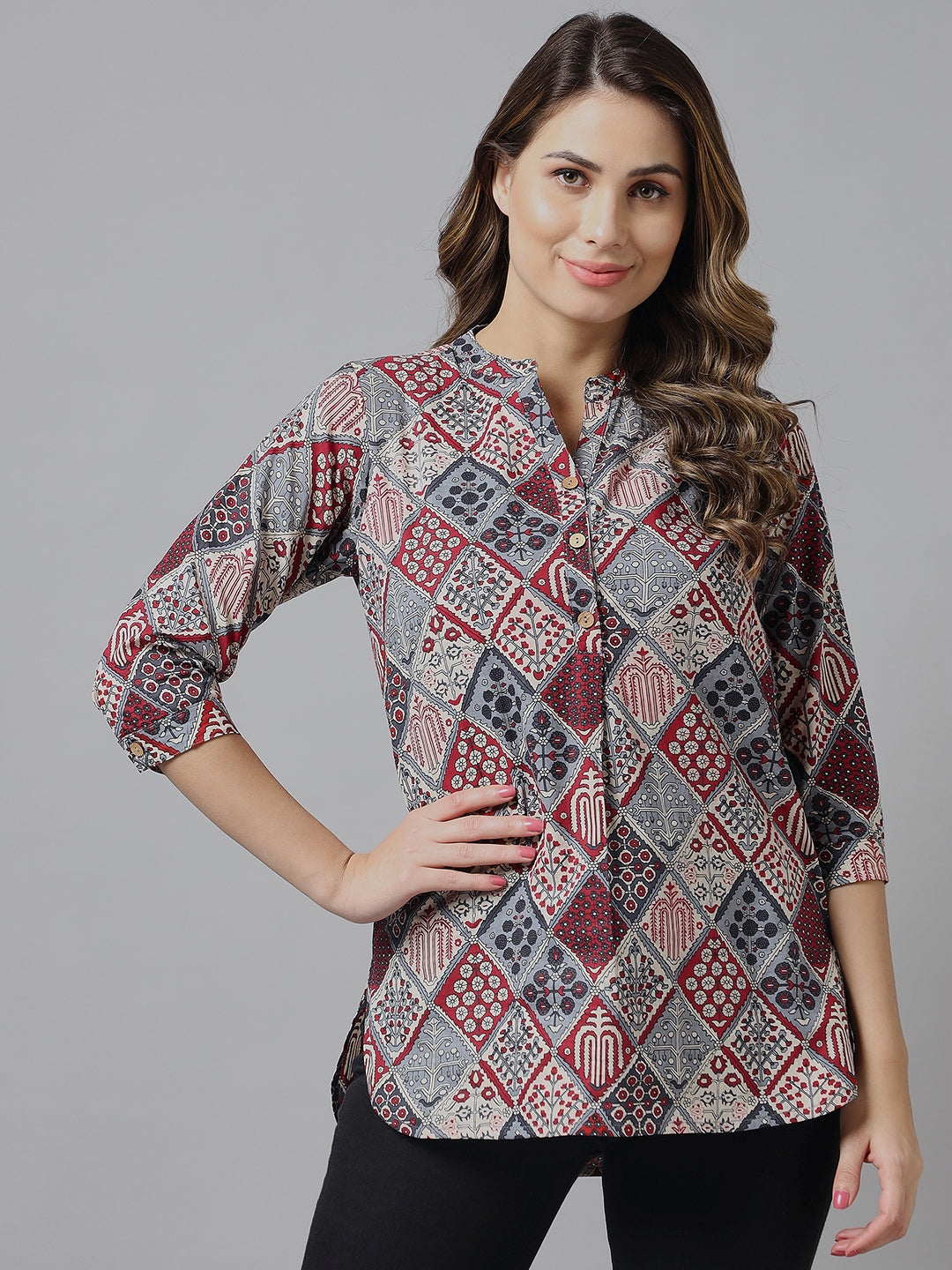 Women's Mandarin Button Down Collar Tunic - Azira