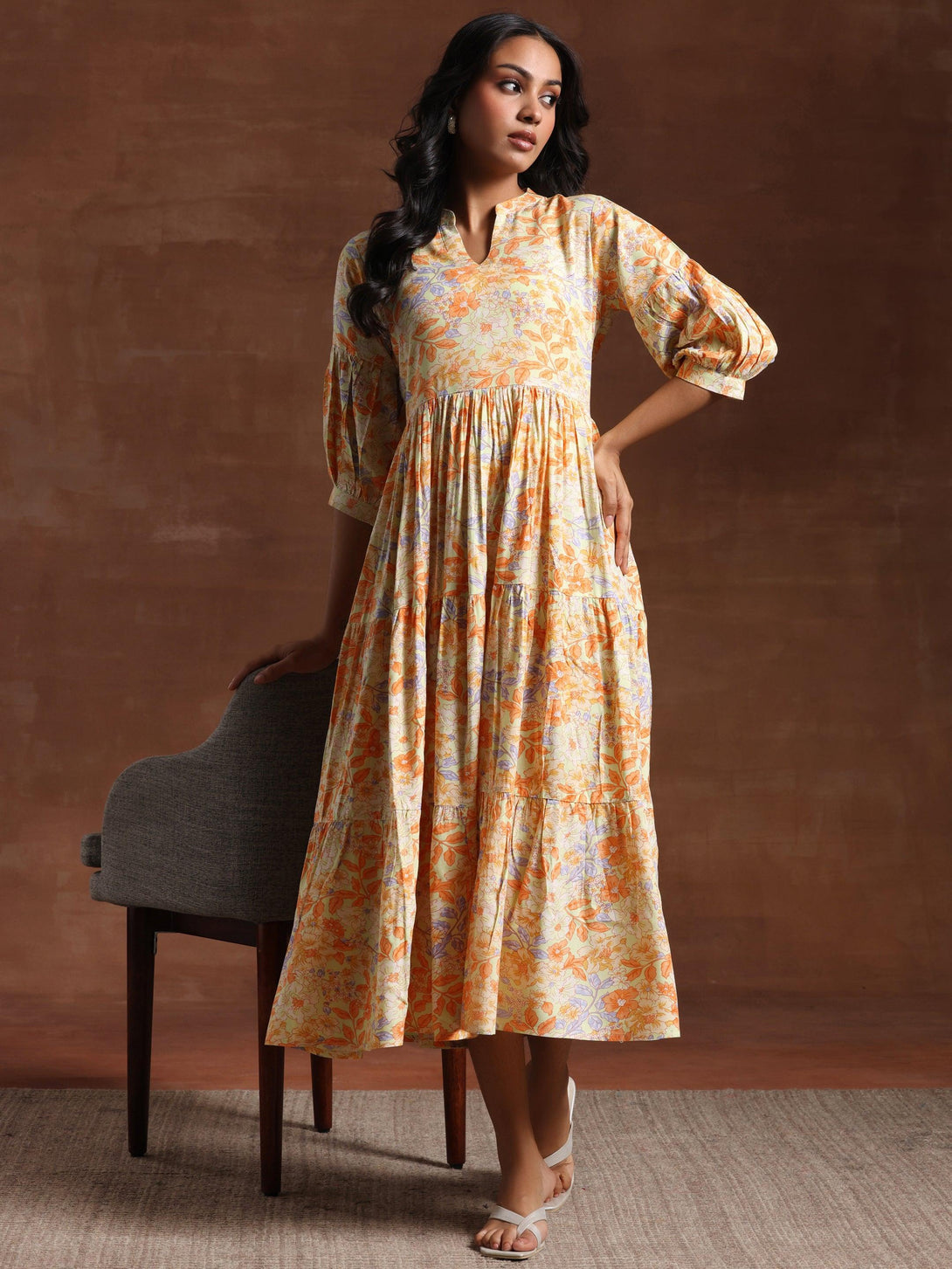 Yellow Printed Rayon Fit and Flare Dress - Jashvi