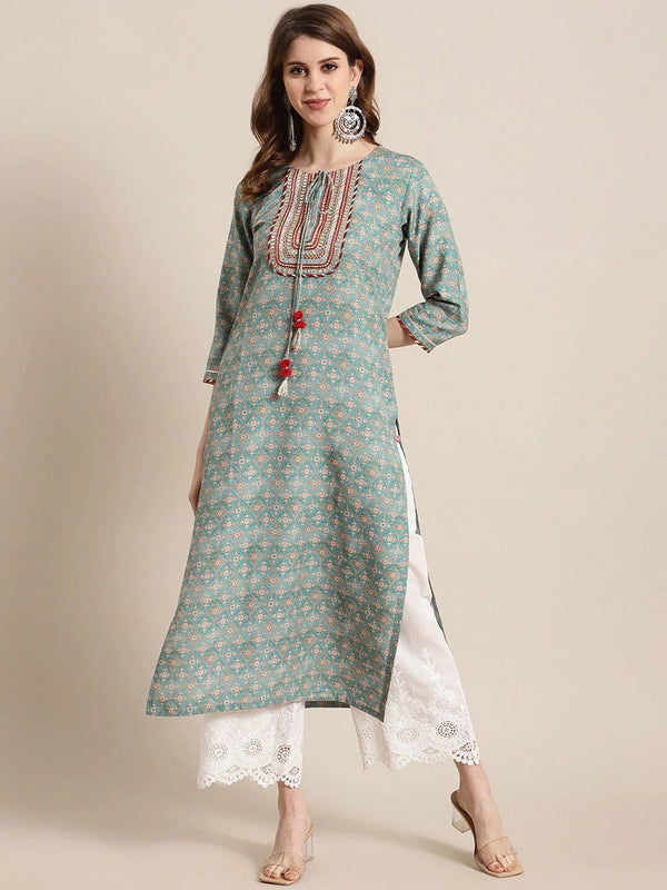 Women's Sea Green Printed Keyhole Neck Kurta - Varanga