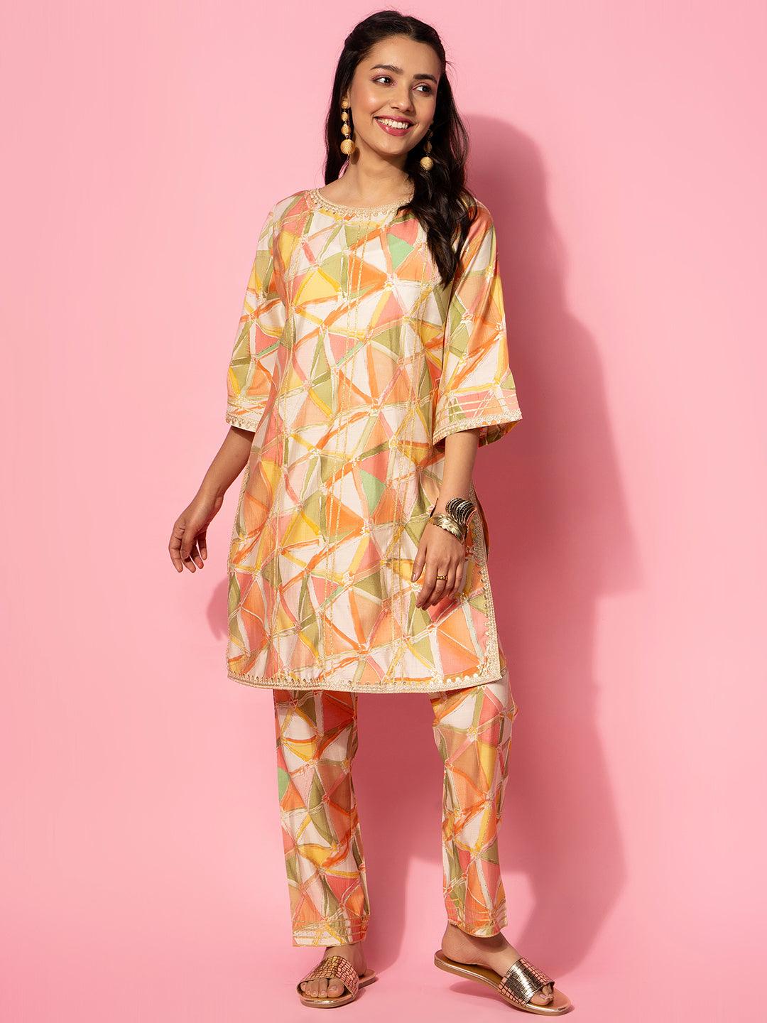 Peach Printed Silk Blend Co-Ords - Jashvi