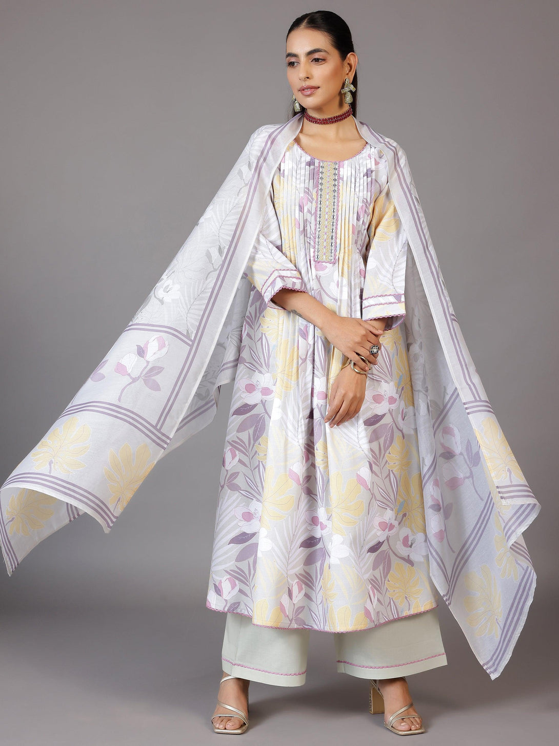 Grey Printed Cotton Blend A-Line Kurta With Palazzos & Dupatta - Jashvi