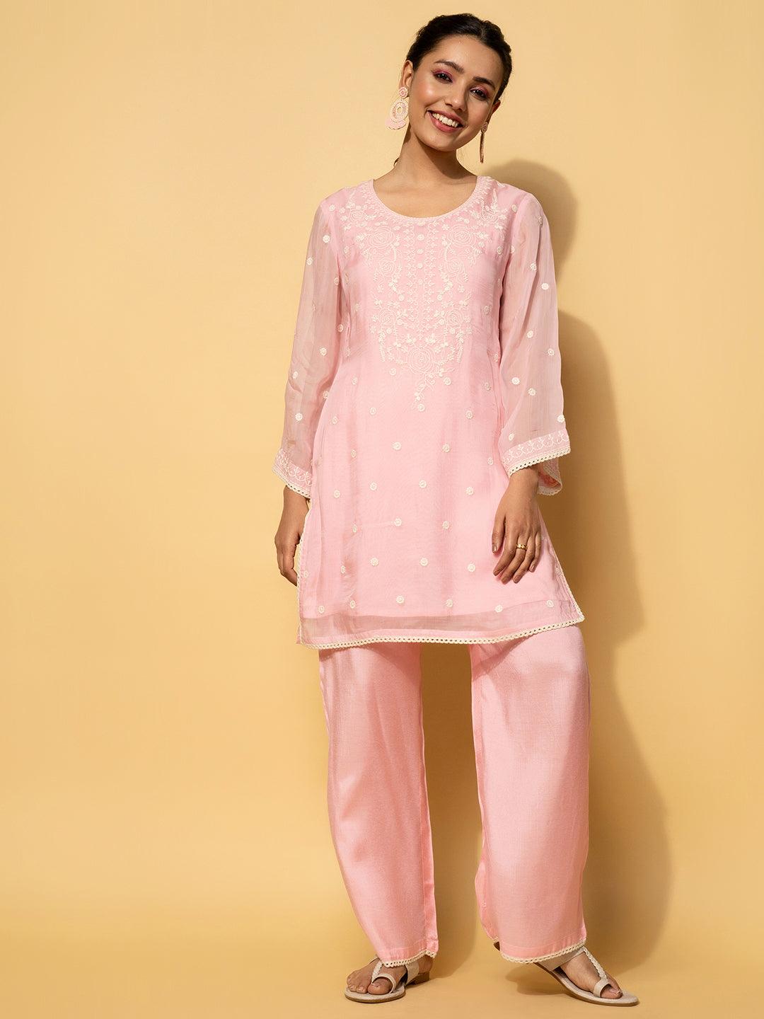 Pink Embroidered Silk Blend Co-Ords - Jashvi