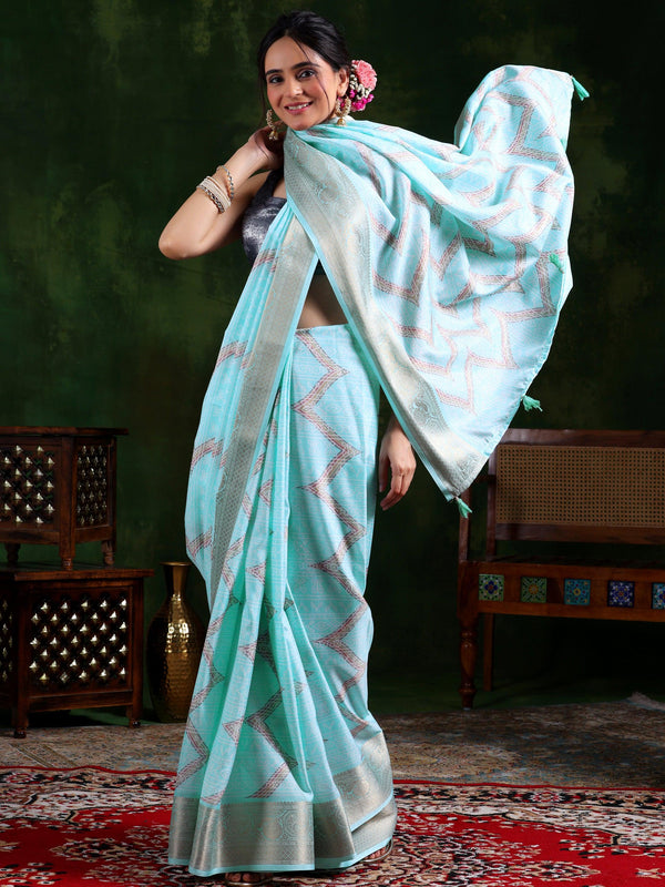 Blue Printed Silk Blend Saree With Unstitched Blouse Piece