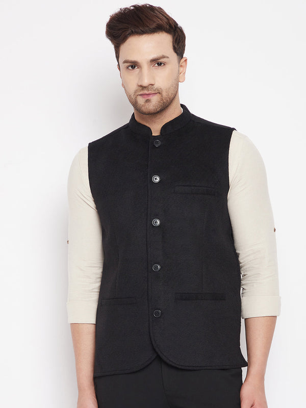 Men's Black Color Woven Nehru Jacket - Even Apparels