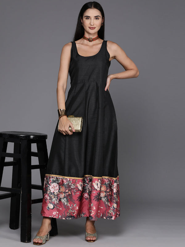 Black Floral Print A-Line Maxi Dress