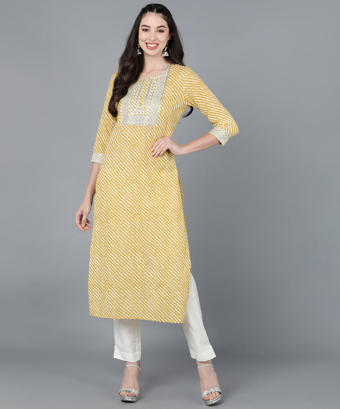 Women's Cotton Lehriya Print Straight Kurta (Yellow) - Kipek