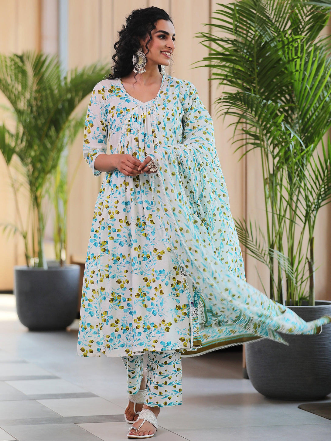 Off White Printed Cotton A-Line Kurta With Palazzos & Dupatta - Jashvi