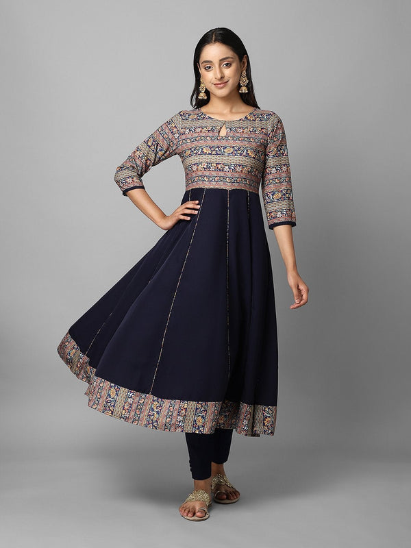 Women's Navy Blue Floral Printed Anarkali Kurta - Azira