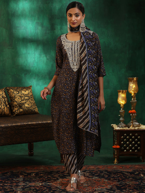 Black Printed Silk Blend Straight Suit With Dupatta